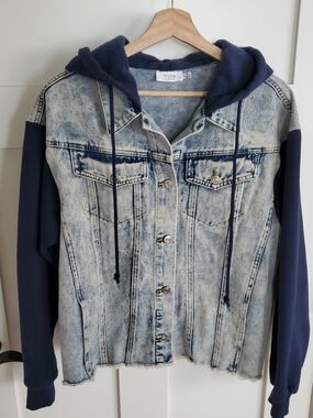 Bluivy Oversized Light Wash Denim Jacket Hoodie Fleece Hood & Sleeves Womens S